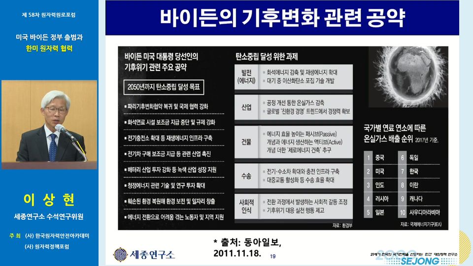한국원자력안전아카데미는 11일 이상현 세종연구소 수석연구위원을 초청해 ‘미국 바이든 정부 출범과 한미 원자력 협력’을 주제로 ‘제58차 원자력원로포럼’을 온라인으로 개최했다.