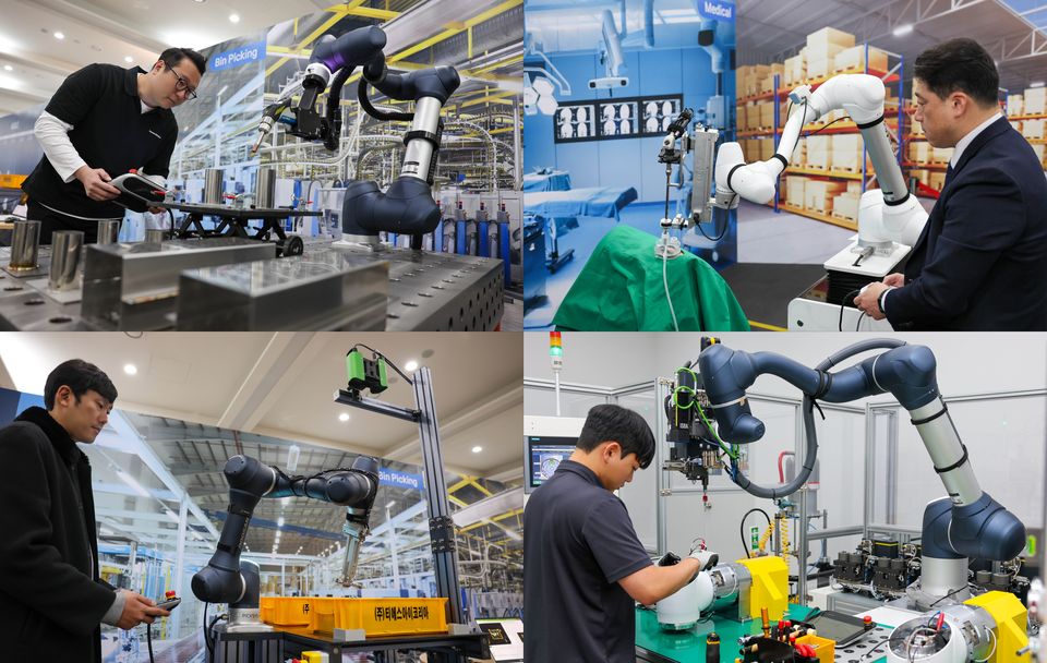 두산로보틱스는 경기도 수원시 생산공장에서 신규 협동로봇 솔루션을 대거 공개했다. 사진은 두산로보틱스 류정훈 대표가 프레젠테이션을 진행하고 있다.