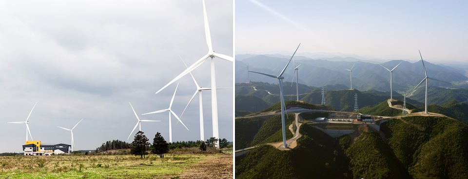 SK디앤디(SK D&D)는 의성 황학산 풍력발전단지 EPC(설계·조달·시공) 사업 계약을 체결했다. 사진은 SK디앤디의 제주 가시리(왼쪽) 및 울진 현종산 풍력발전소 전경.